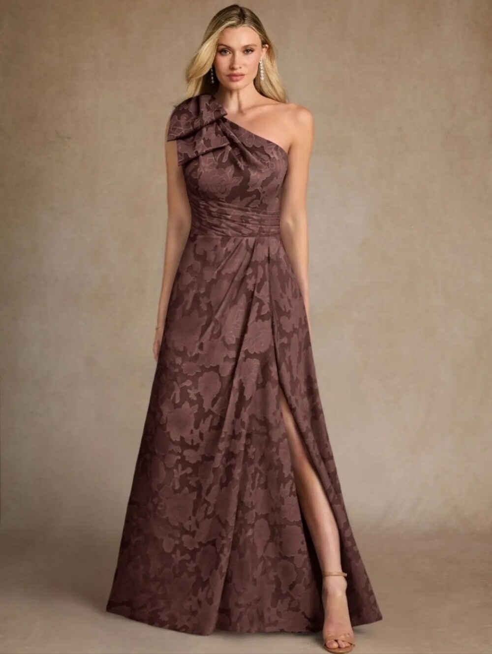 One-Shoulder Brown Floral Jacquard Evening Dress (See Description)